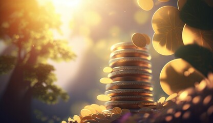 Stack of golden coins. Height with small plant growing up in garden, AI generated