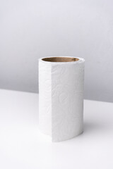 Toilet paper roll on white and grey background