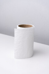 Toilet paper roll on white and grey background
