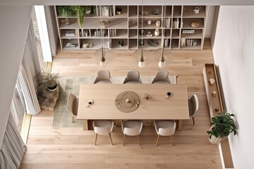 View from above of a light dining room with an empty white wall, a sideboard containing books, a dining table and chairs, dishes, and an oak wooden floor. idea of a reading location. a mockup