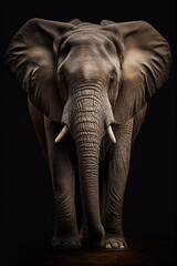 Fototapeta na wymiar Front view portrait of an elephant on black background, Africa wildlife, generative AI