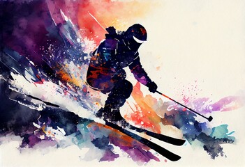 Watercolor Illustration of a Abstract Art. Colorful Painting Art Of A Skier In Abstract Landscape. Background Illustration. Generative AI