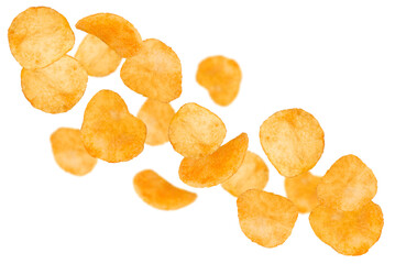 Levitation of potato chips isolated on a transparent background.