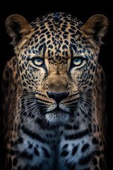 Fototapeta na wymiar Front view portrait of a leopard on black background, Africa wildlife, generative AI
