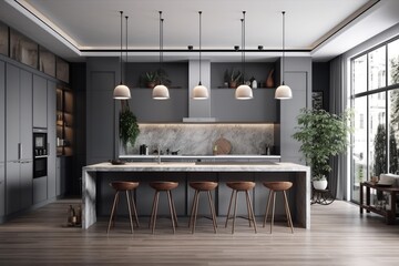 Interior of a gray kitchen with white counters, a bar with stools, and a row of hanging ceiling lamps. a mockup. Generative AI - obrazy, fototapety, plakaty