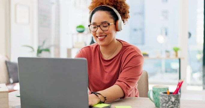 Happy woman, music on headphones and laptop for mental health, work from home wellness and job productivity. Black person in remote or virtual internship, listening to audio tech and typing on her pc
