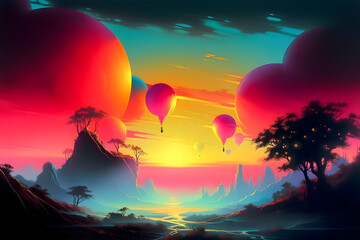 Surrealistic landscape, 80s airbrush style, dream illustration, 
 Generative AI	