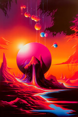 Surrealistic landscape, 80s airbrush style, dream illustration, 
 Generative AI	