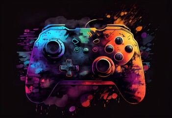 Obraz na płótnie Canvas Watercolor Illustration of a Colorful Video Game Controller On Dark Background. Generative AI