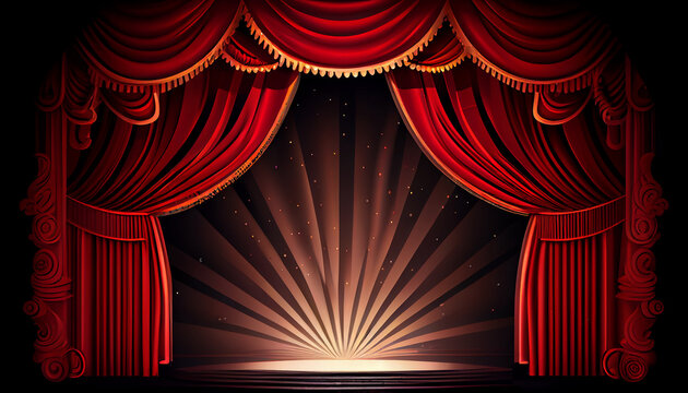 Red stage curtain with arch entrance stage with lighting Ai generated image