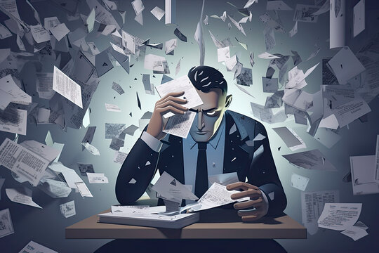 a conceptual collage about a businessman haunted by papers and reports representing the stress of the modern world at work.