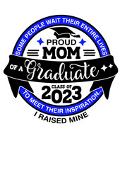 Proud Mom of a graduate Class of 2023. Isolated on transparent background. Blue color, round