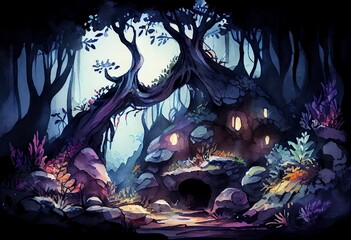 Watercolor Illustration of a Fantasy Forest At Night, Mystery Lights And Stone In Fairytale Wood. Generative AI