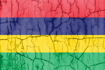 Flag of Mauritius on cracked wall, textured background.