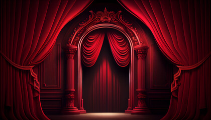 Red stage curtain with arch entrance stage with lighting Ai generated image