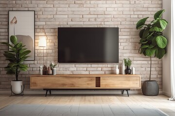 A vase is placed on the TV cabinet, which is ornamented with plant pots on the floor, and is mounted on a brick wall in the living room. Generative AI