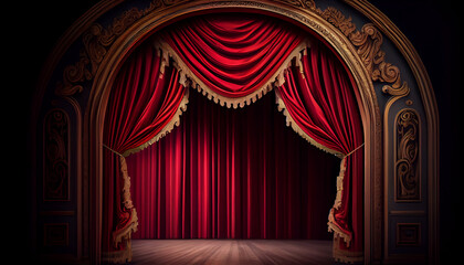 Red stage curtain with arch entrance stage with lighting Ai generated image