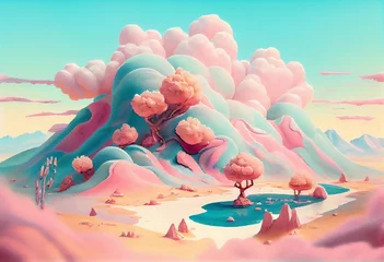 Muurstickers Watercolor Illustration of a Magic Pastel Colored Landscape In Cotton Candy World. Generative AI © Pixel Matrix