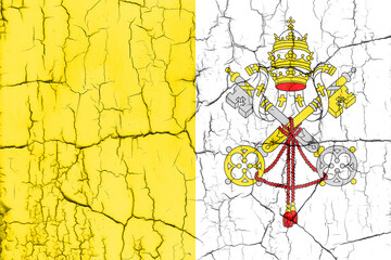 Flag of Vatican City on cracked wall, textured background.