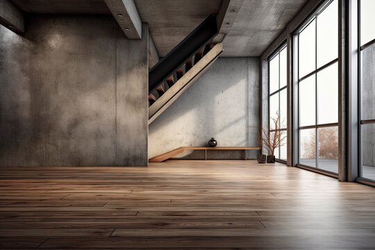A wooden floor, an empty wall, and slanting columns can be found in a gray interior. Concept for a presentation. a mockup. Generative AI