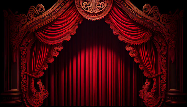 Red stage curtain with arch entrance stage with lighting Ai generated image