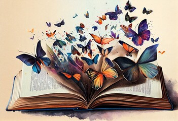 Watercolor Illustration of a Old Book With Butterflies. A Fairy Tale Old Story Book With Butterflies Flying Out, 3D Image. Generative AI © Pixel Matrix