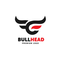 Obraz premium Bull head logo design - red and black editable vector icon with copy space over a white background