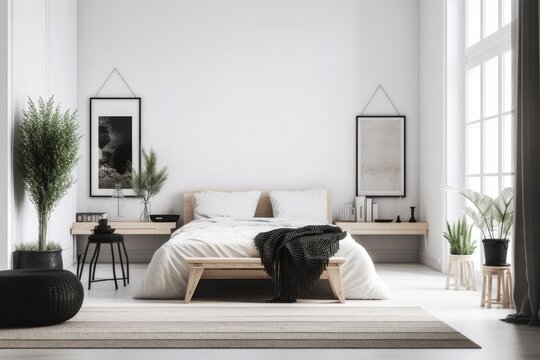 Black and white living room with bedroom, carpet, tables, ornament, ears, sheaf, branch in vase, white table top or shelf, modern minimal interior design. Generative AI