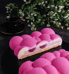 Contemporary raspberry mousse cake on black plate