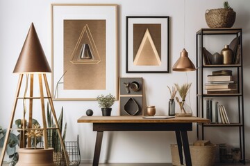 The interior of the room features a hanging plant in a design pot, a gold pyramid, a table lamp, and a retro brown shelf with a black mock up poster frame. Retro minimalist shelfie design idea