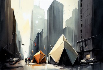 Watercolor Illustration of a Pitched Tents On A Gloomy Side Street In A Big City, Surrounded By Skyscrapers And Garbage. Generative AI