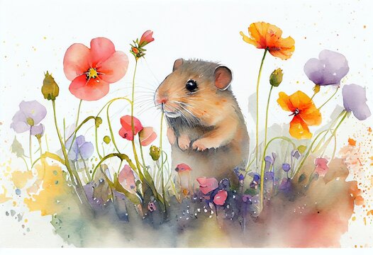 Watercolor Illustration of a Painting Of Cute Mouse In A Colorful Flower Field. Ideal For Art Print, Greeting Card, Springtime Concepts Etc. Generative AI