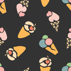 vector illustration pattern of colored stylized ice cream on black background 