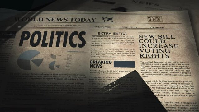 Flight over newspaper article about politics in old newspaper in editorial archive