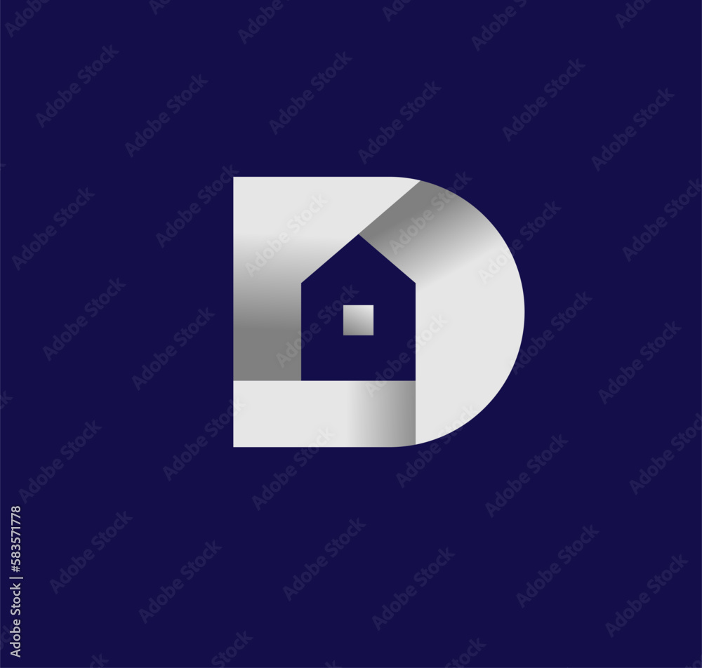 Sticker beautiful silver color design of a letter d with a house in the middle