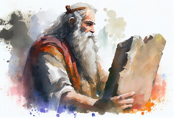 Watercolor Illustration of a Prophet Moses With Stone Tablet Painting. Generative AI - obrazy, fototapety, plakaty