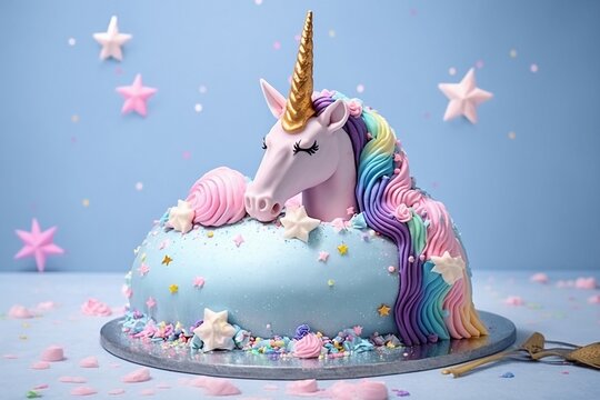 Fantasy Unicorn Birthday Cake, Generative Ai