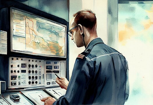 Watercolor Illustration of a The Central Nerve Center, A Security Officer Monitoring The Central Control Panel. Generative AI