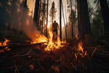Fire danger in the forest. Man in the burning forest. Generative AI