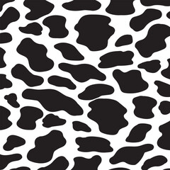 Vector cow pattern seamless background. Black irregular patches on white backdrop. Abstract cows skin texture illustration. Random bovine spots hand drawn design.