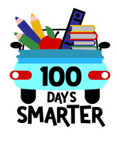 100 days of school. Isolated on transparent background. Car, Auto, books, stationery art