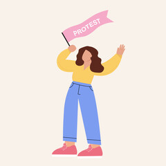 Woman with protest flag. Vector graphics