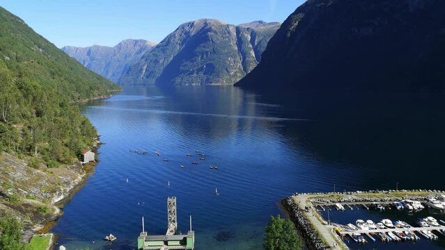Calm, relaxing view of Norwegian fjords at hellesylt