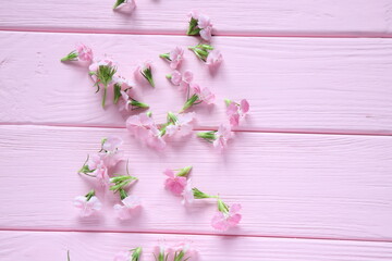 Small pink flowers on wooden table, floral pattern