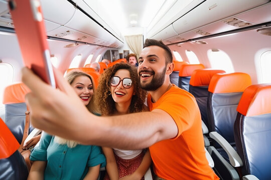 tourists taking a selfie while boarding on a airplane . Generative AI