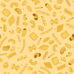 Seamless pattern with pasta in different shapes. Vector graphics.