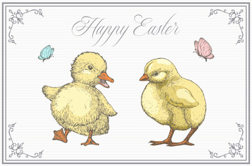 Easter Greeting Card with Hand Drawn Cute Duckling and Chicken Vector Illustration. Little Birds Abstract Sketch. Spring Holiday Engraving Style Drawing Background Isolated