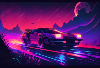 Obraz na płótnie Canvas Watercolor Illustration of a Driving In The Night, Futuristic SynthWave Car In Purple Neon Colours. Generative AI