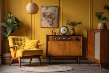 Warm living room interior with yellow wooden armchair next to white cabinet with radio against the wall. Generative AI