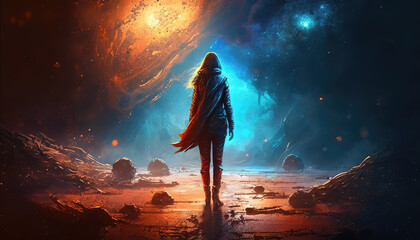 an epic illustration of a brave woman walking with a galaxy theme in the background - obrazy, fototapety, plakaty